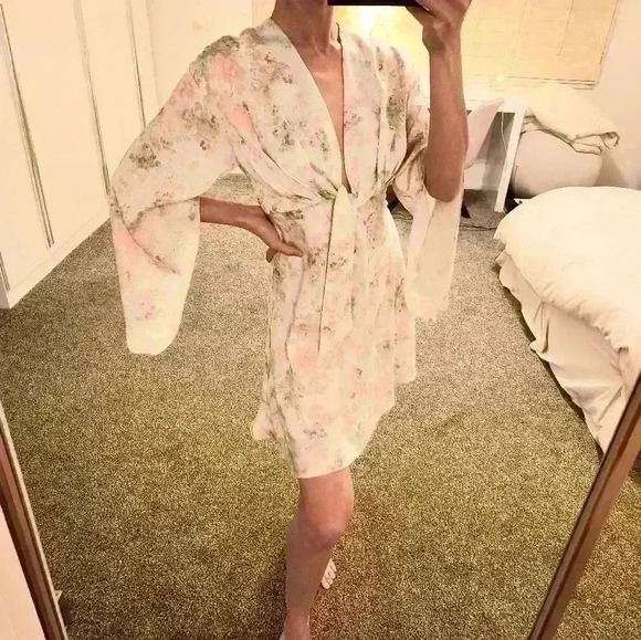 ASOS Satin Floral Tie Front Dress Floral Pink Flutter Sleeve Deep V Neck Knee - Picture 1 of 11